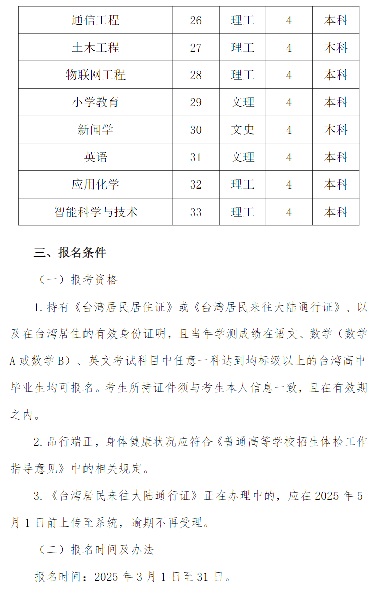 莆田学院2025年依据台湾地区大学入学考试 学科能力测试成绩招收台湾高中毕业生招生简章